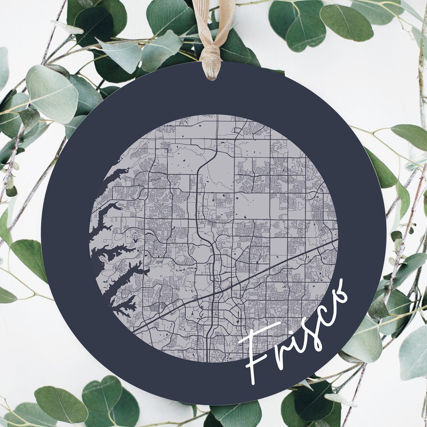 Modern Minimalist Texas Colors Frisco Circle Map | Wood Ornament | Eaches | Min 1