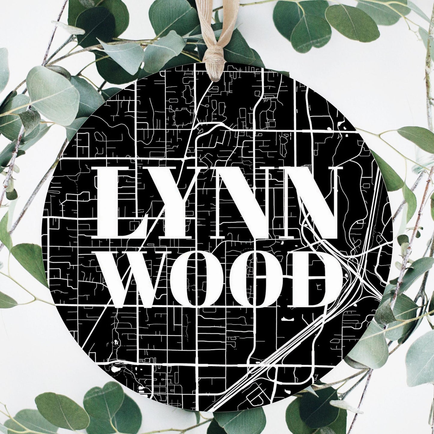 Minimalistic B&W Washington Lynnwood Map | Wood Ornament | Eaches | Min 1