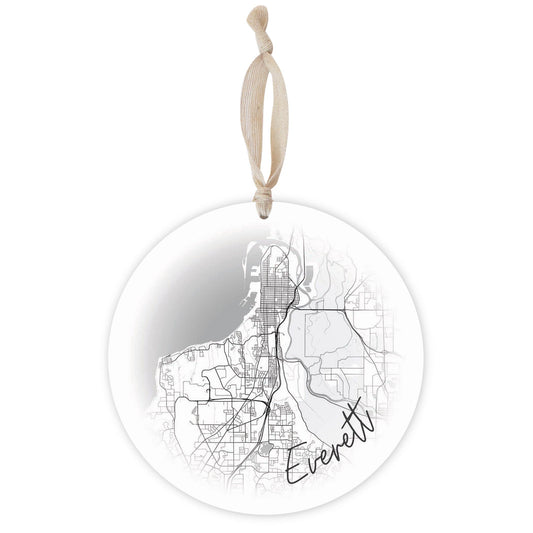 Minimalistic B&W Washington Everett Circle Map | Wood Ornament | Eaches | Min 1