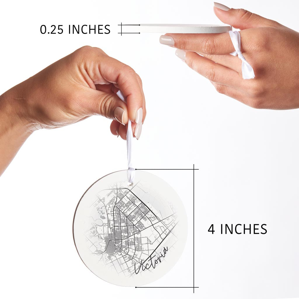 Minimalistic B&W Texas Victoria Circle Map | Wood Ornament | Eaches | Min 6