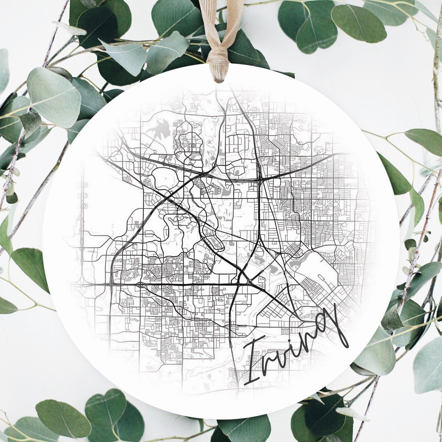 Minimalistic B&W Texas Irving Circle Map | Wood Ornament | Eaches | Min 1