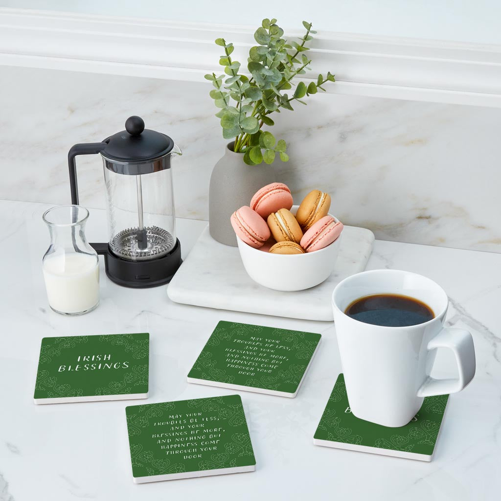 Dark Green Shamrock Irish Blessings Poem | Absorbent Coasters | Set of 4 | Min 2