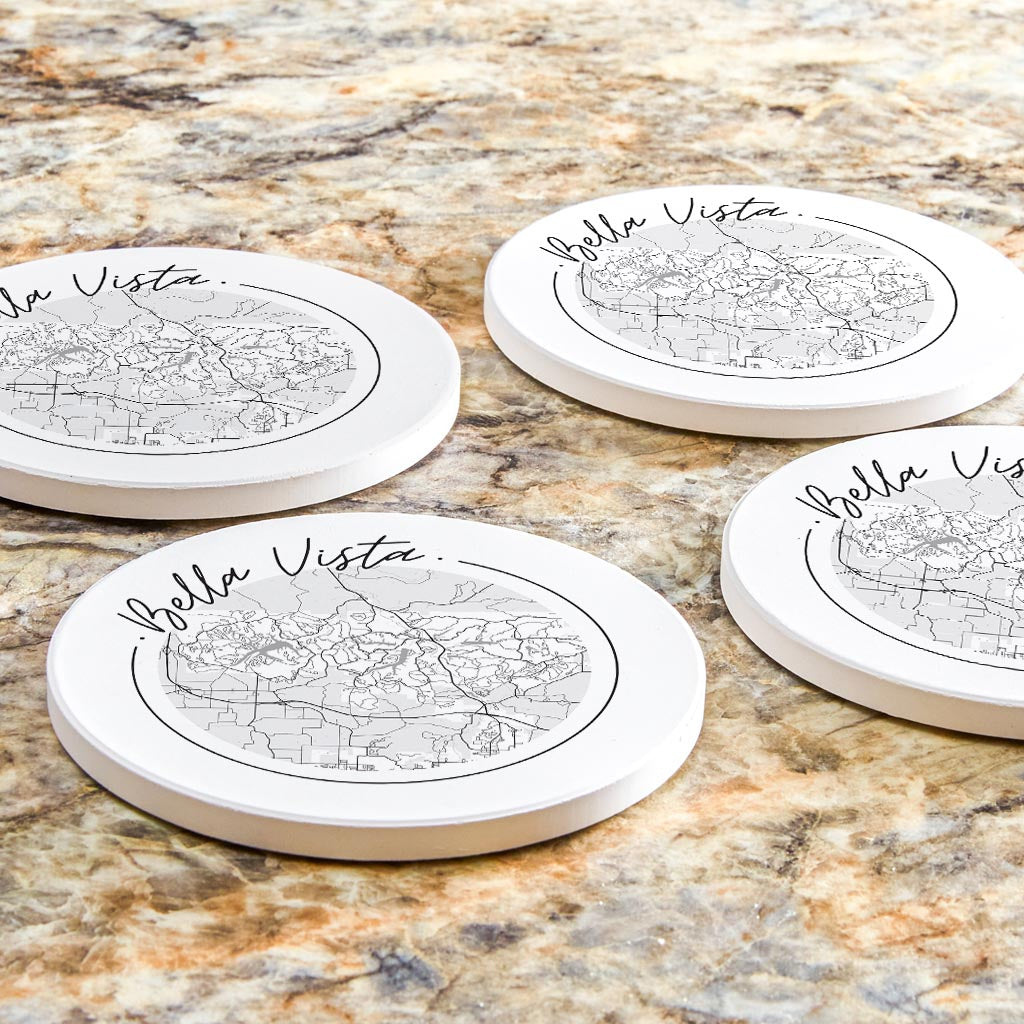 Minimalist B&W Arkansas Bella Vista Circle Map| Absorbent Coasters | Set of 4 | Min 2