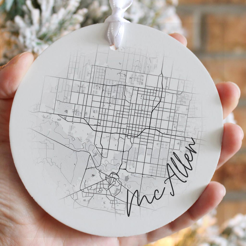 Minimalistic B&W Texas Mcallen Circle Map | Wood Ornament | Eaches | Min 6