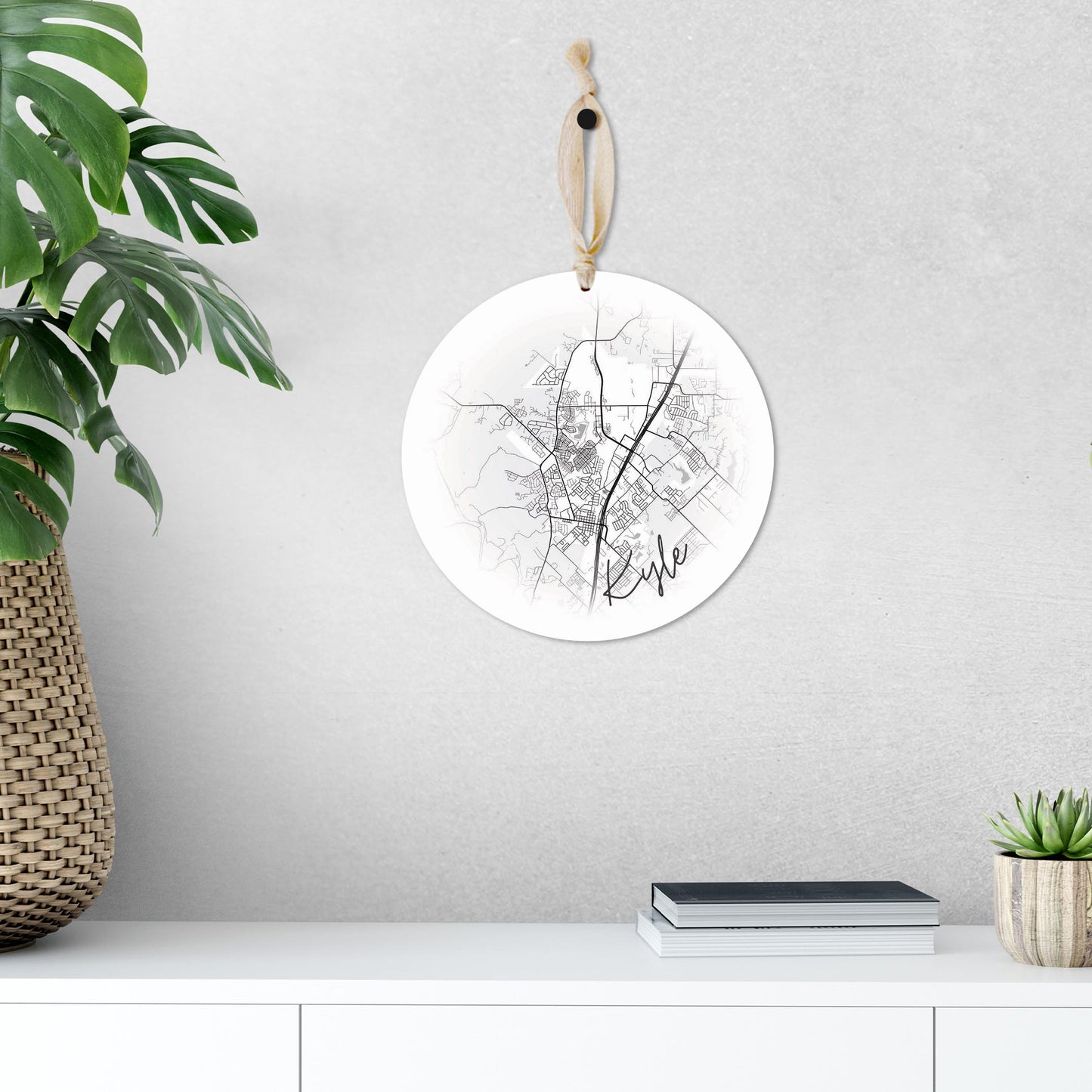 Minimalistic B&W Texas Kyle Circle Map | Wood Ornament | Eaches | Min 1