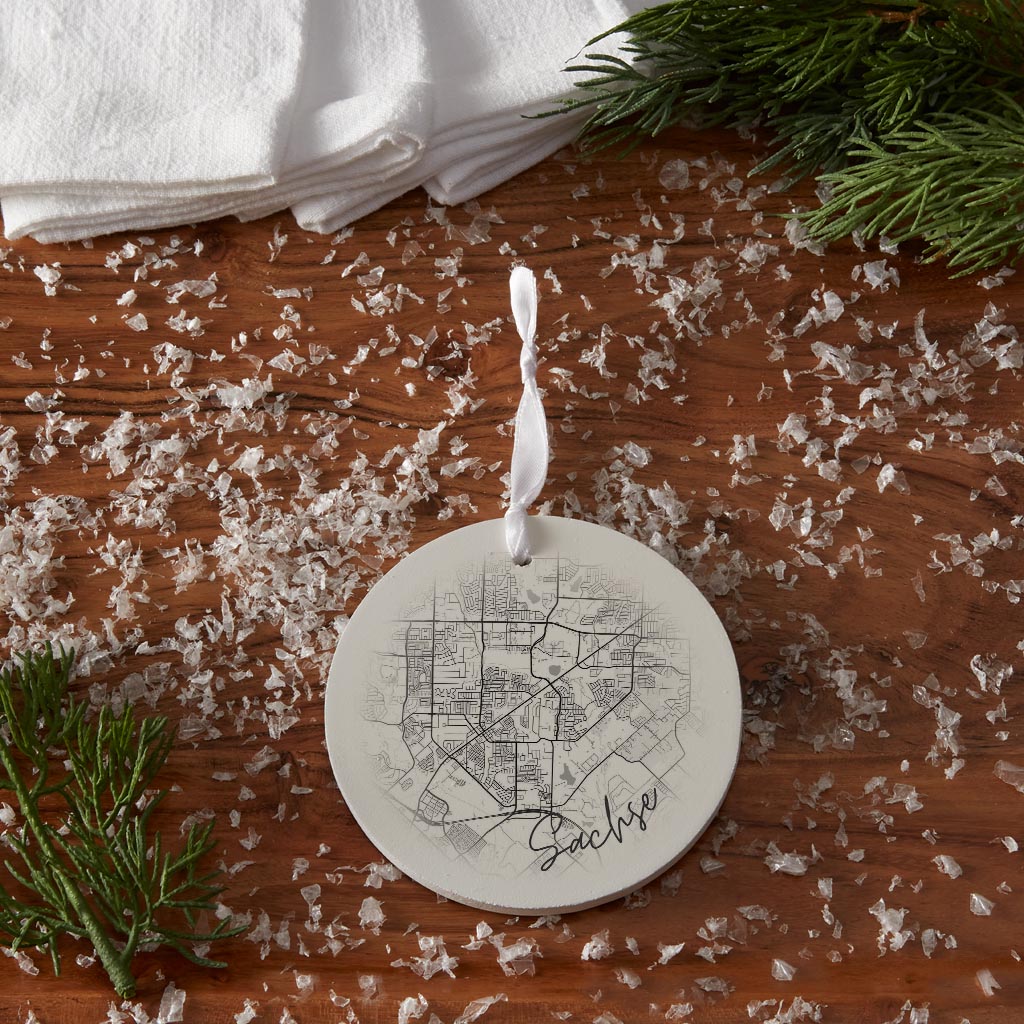 Minimalistic B&W Texas Sachse Circle Map | Wood Ornament | Eaches | Min 6