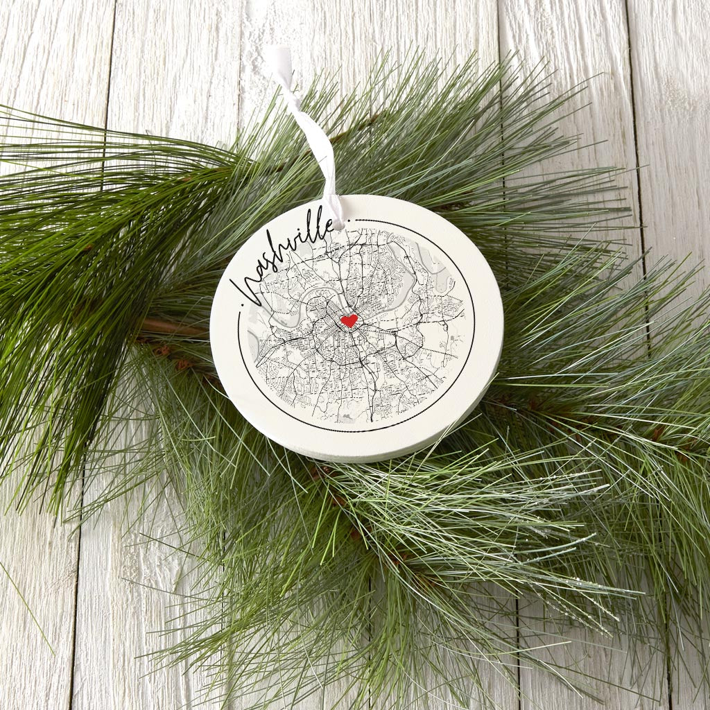 Minimalist B&W Tennessee Nashville Circle Map Heart | Wood Ornament | Eaches | Min 6