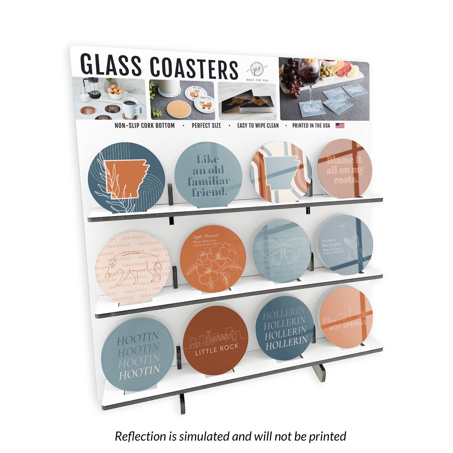 Modern Minimalist Arkansas Glass Circle Coaster Loaded Display POP Min of 1