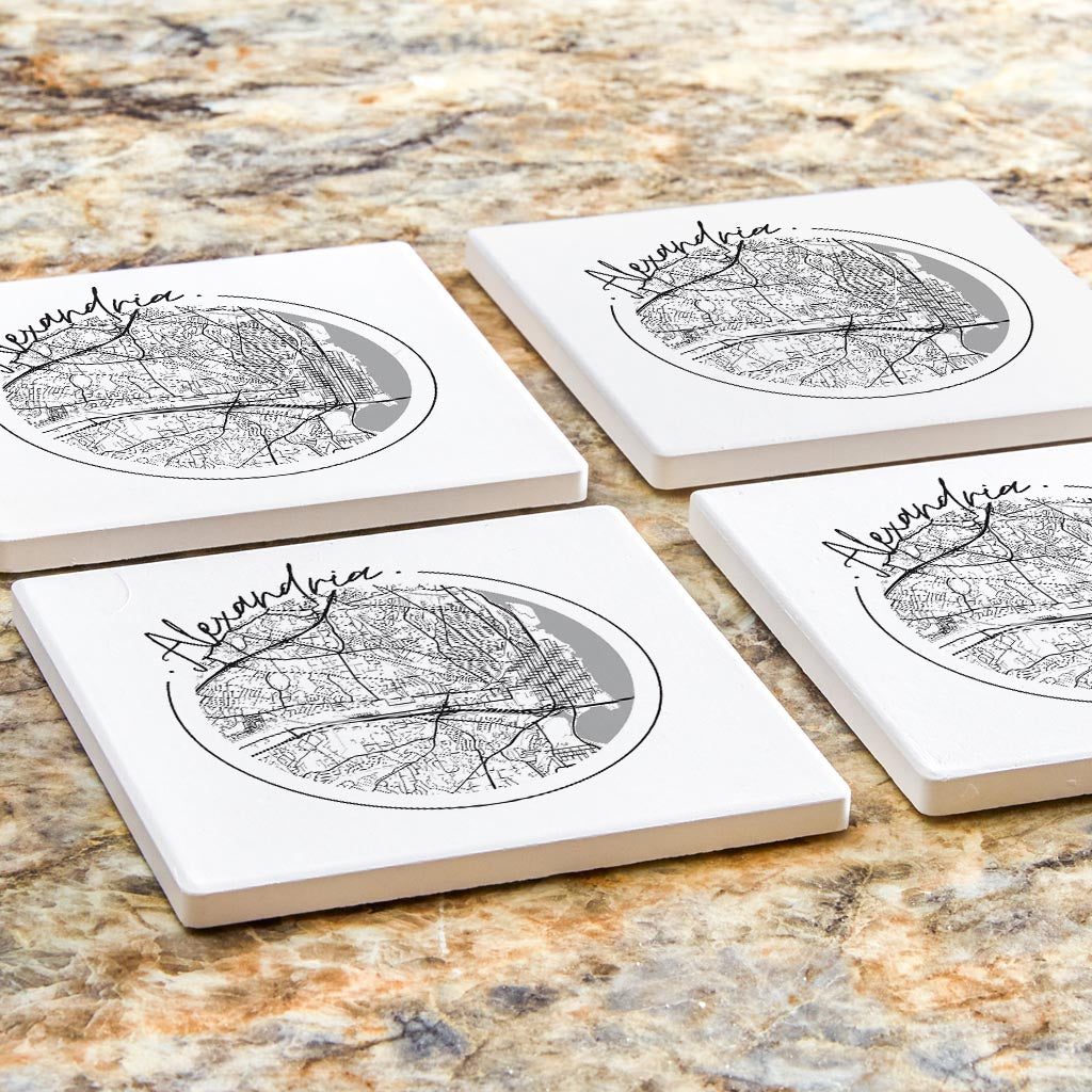 Minimalistic B&W Virginia Alexandria Circle Map| Absorbent Coasters | Set of 4 | Min 2