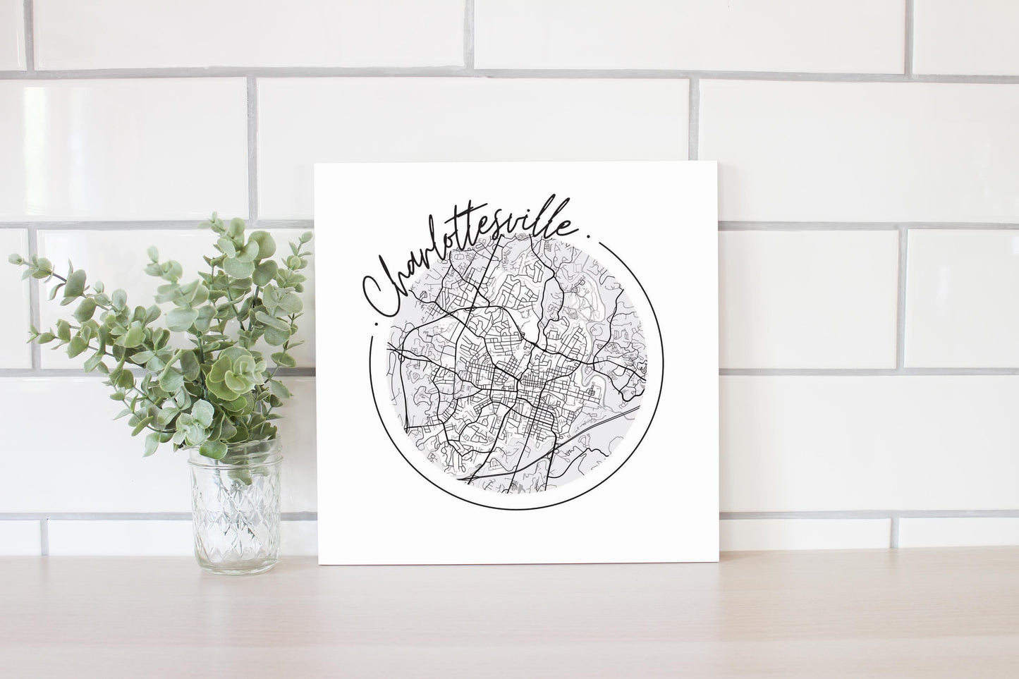 Minimalistic B&W Virginia Charlottesville Circle Map | Wood Sign | Eaches | Min 2