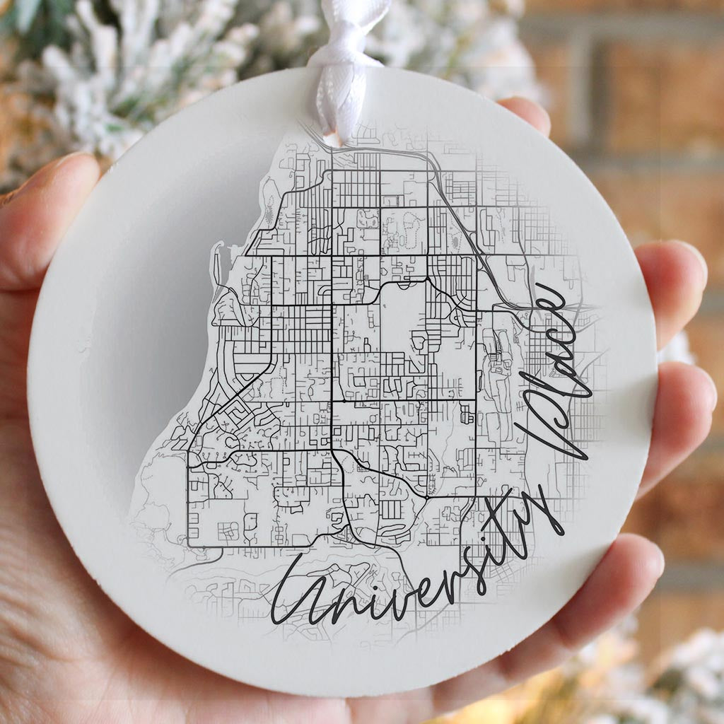 Minimalistic B&W Washington University Place Circle Map | Wood Ornament | Eaches | Min 6