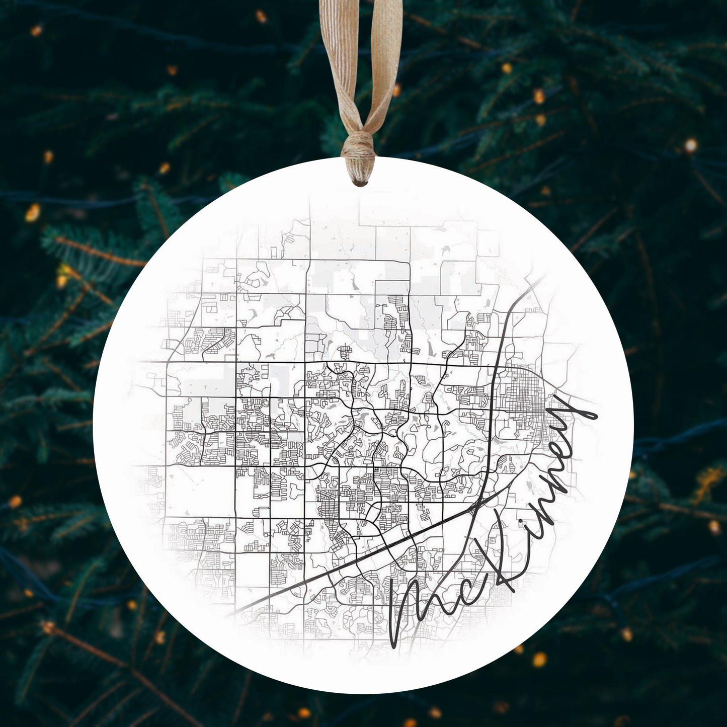 Minimalistic B&W Texas Mckinney Circle Map | Wood Ornament | Eaches | Min 1