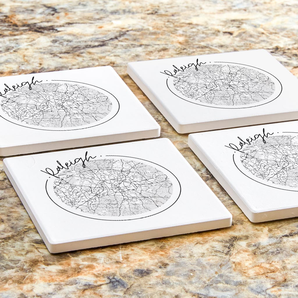 Minimalistic B&W North Carolina Raleigh Circle Map | Absorbent Coasters | Set of 4 | Min 2