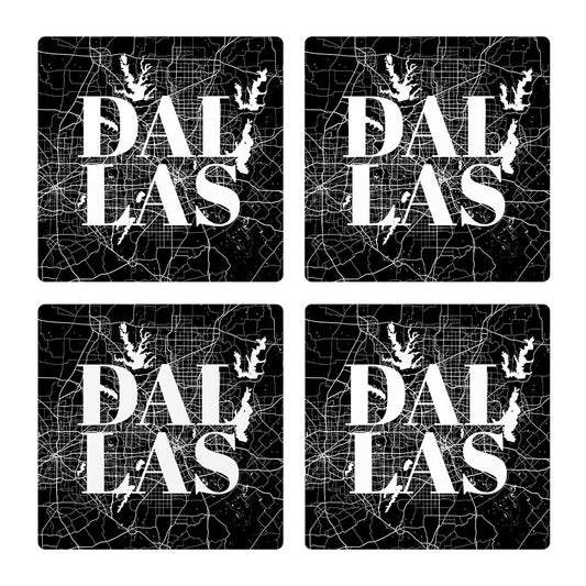 Modern Black Dallas Map | Absorbent Coasters | Set of 4 | Min 2