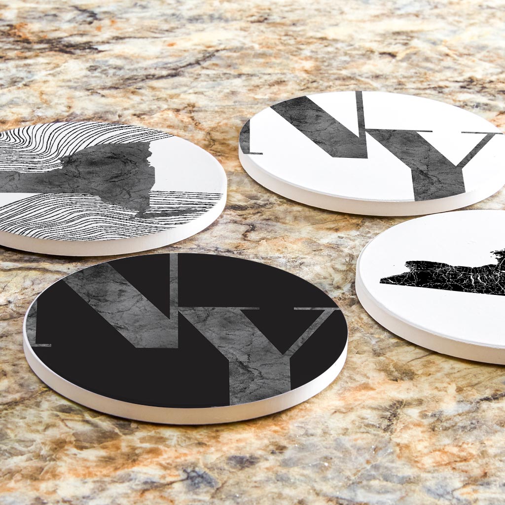 Minimalistic B&W New York Initials State Shapes | Absorbent Coasters | Set of 4 | Min 2