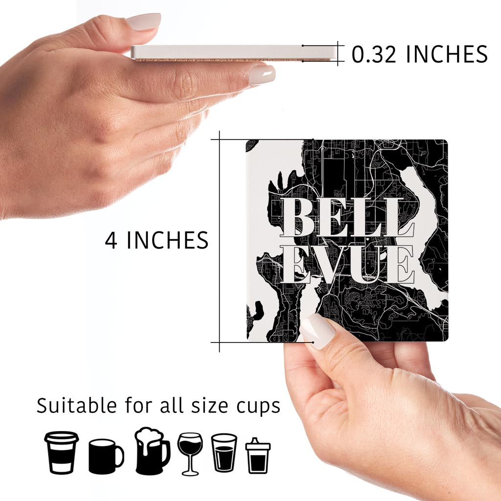 Minimalistic B&W Washington Bellevue Map | Absorbent Coasters | Set of 4 | Min 2