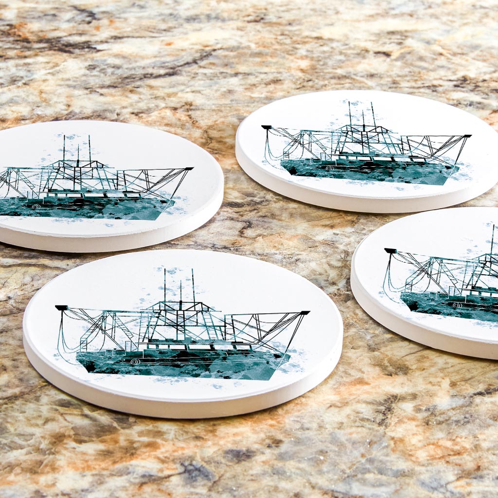 Blue White Water Color Shrimp Boat | Absorbent Coasters | Set of 4 | Min 2