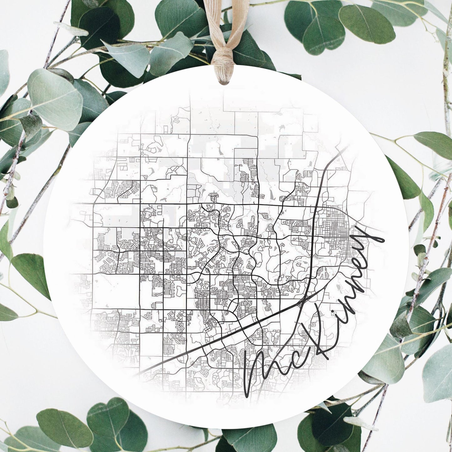 Minimalistic B&W Texas Mckinney Circle Map | Wood Ornament | Eaches | Min 1