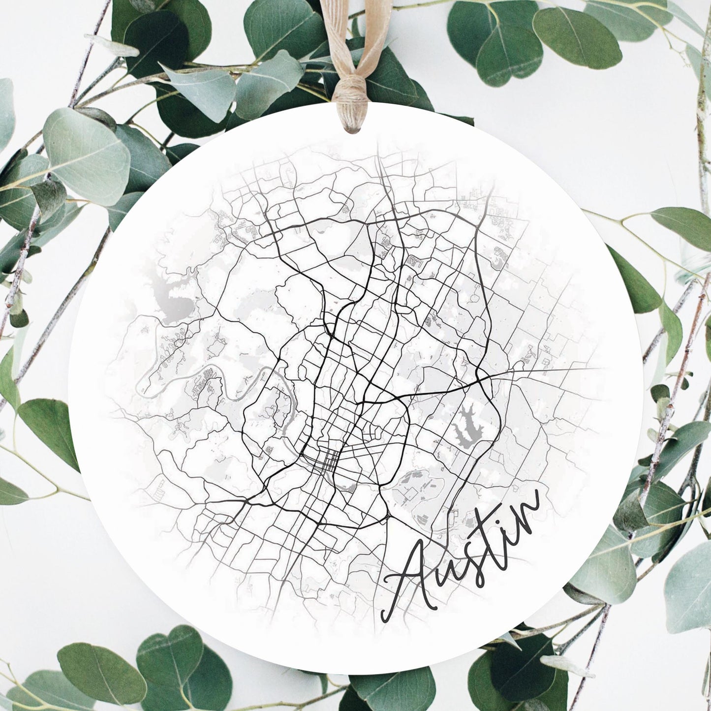 Minimalistic B&W Texas Austin Circle Map | Wood Ornament | Eaches | Min 1