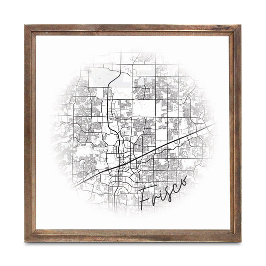 Minimalistic B&W Texas Frisco Circle Map | Wood Sign | Eaches | Min 1