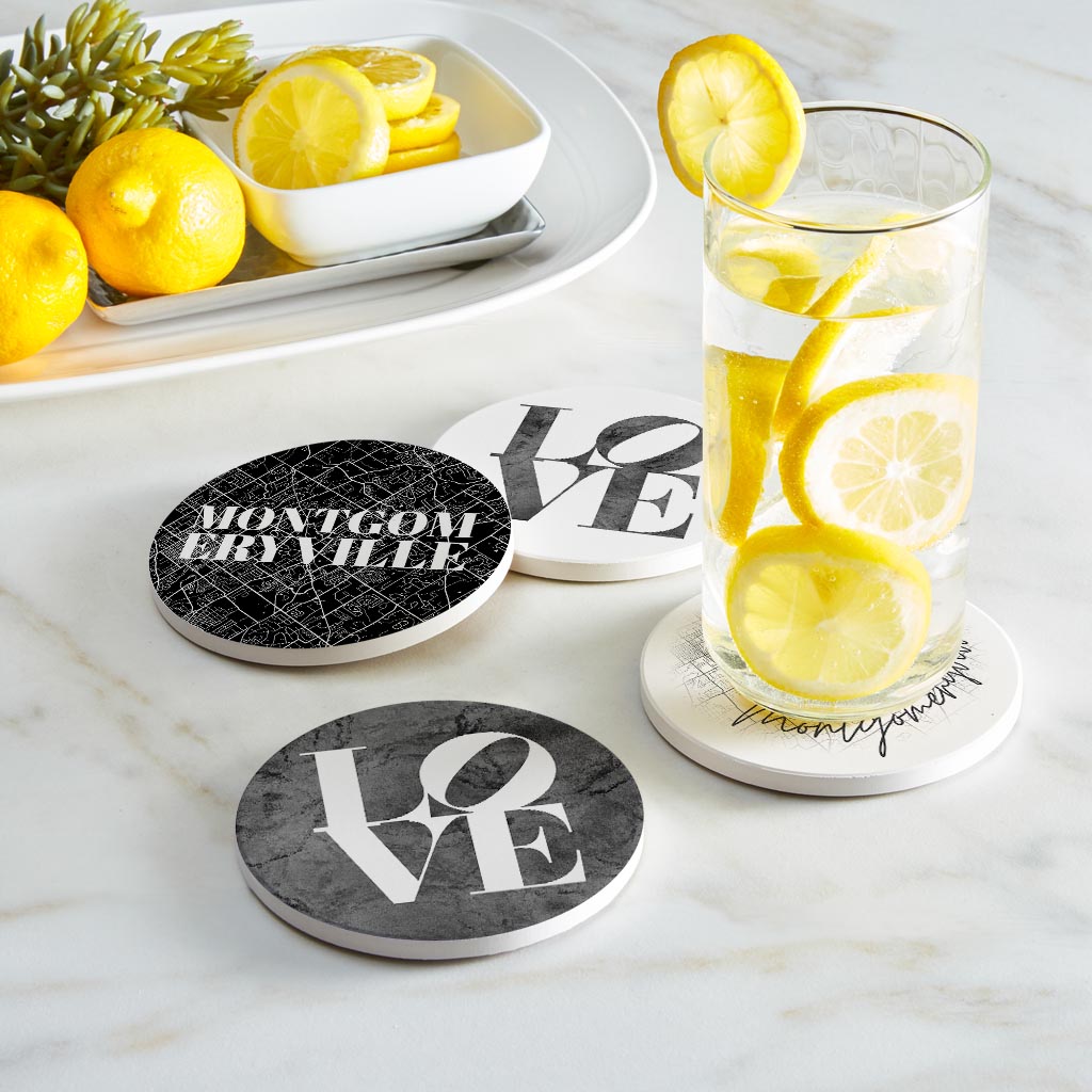 Minimalistic B&W Pennsylvania Montgomeryville Maps Love| Absorbent Coasters | Set of 4 | Min 2