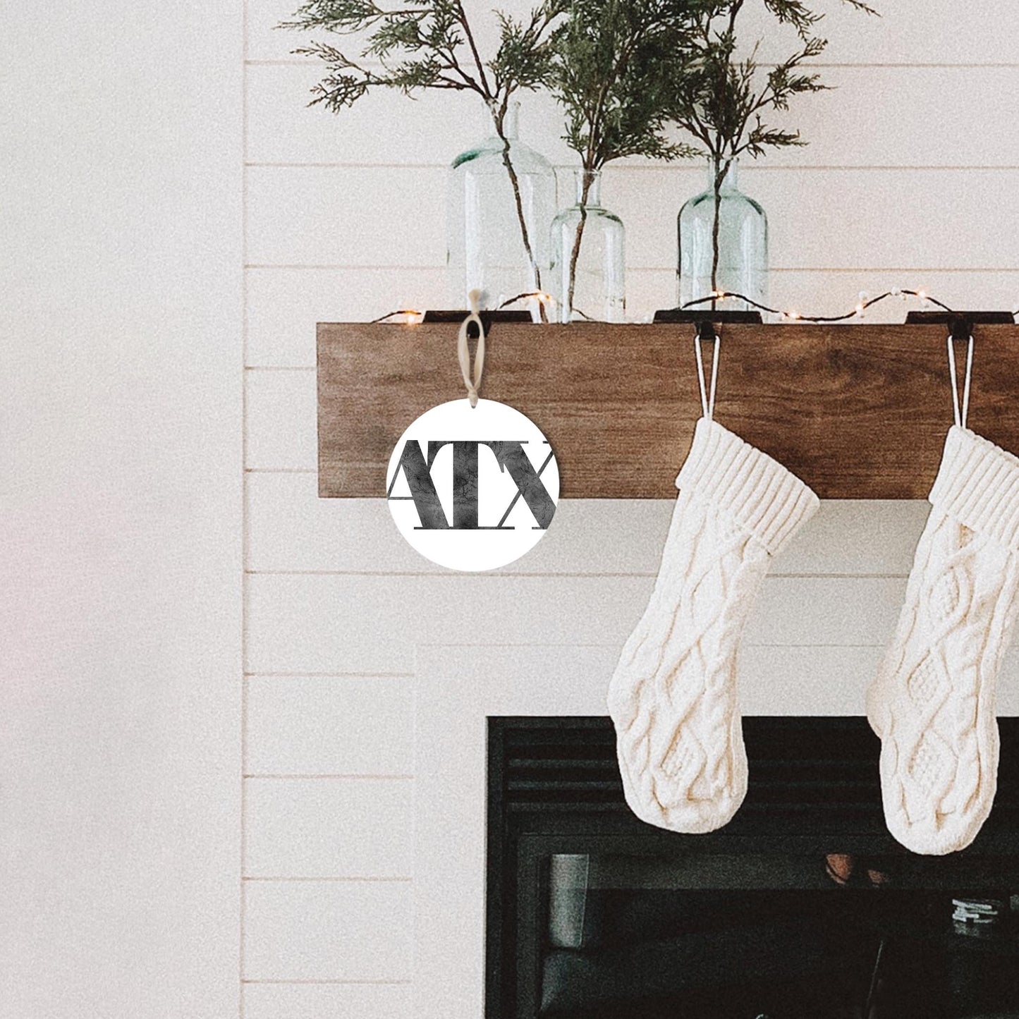 Minimalistic B&W Texas Austin White Initials | Wood Ornament | Eaches | Min 1