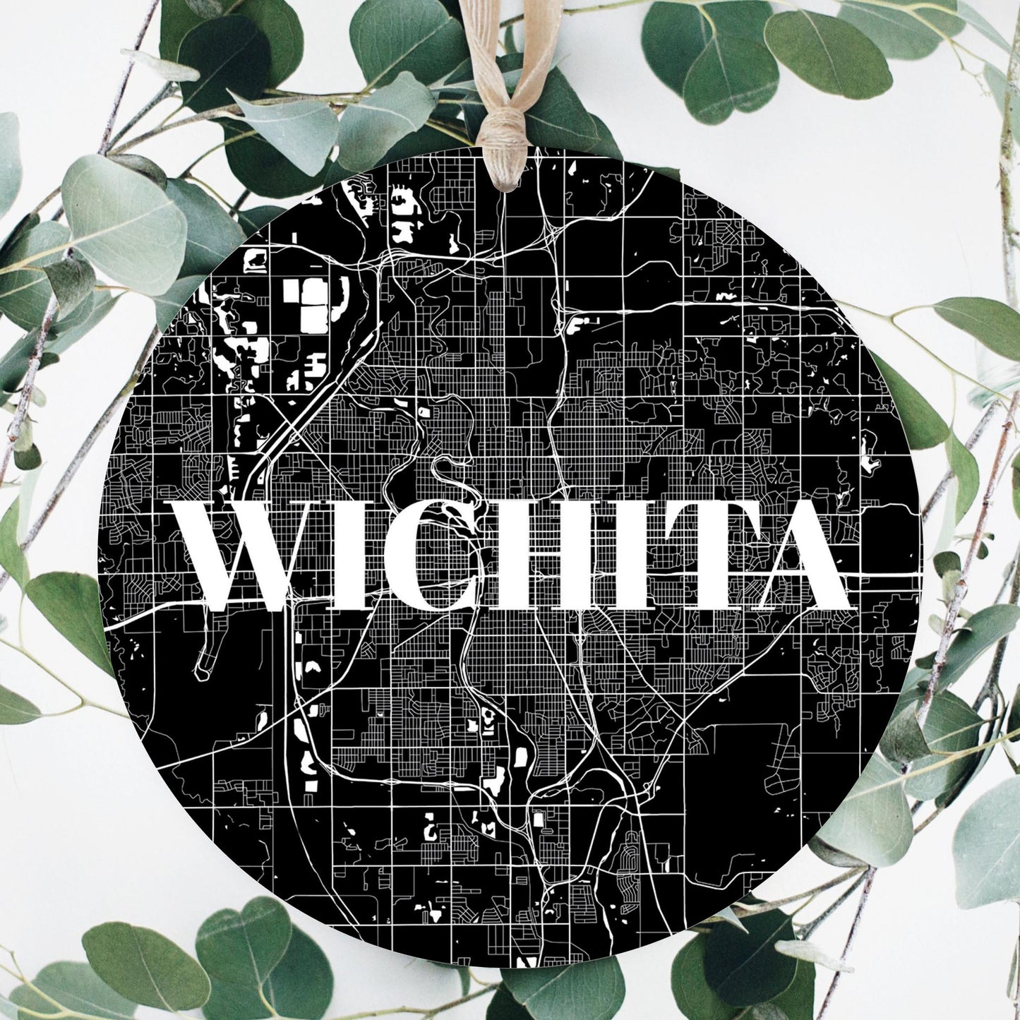 Minimalist B&W Kansas Wichita Map | Wood Ornament | Eaches | Min 1