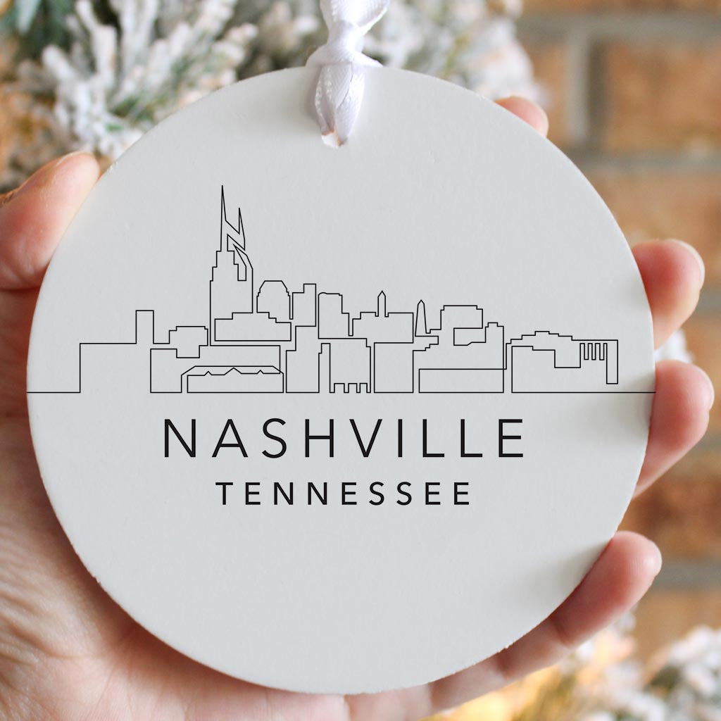 Minimalist B&W Tennessee Nashville Skyline | Wood Ornament | Eaches | Min 6