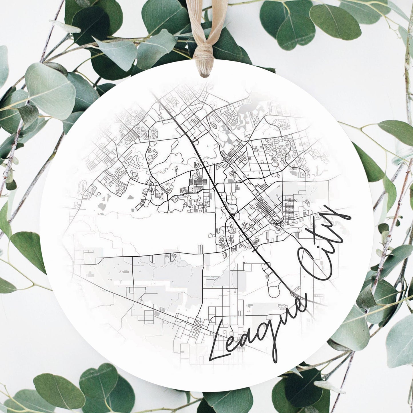 Minimalistic B&W Texas League City Circle Map | Wood Ornament | Eaches | Min 1