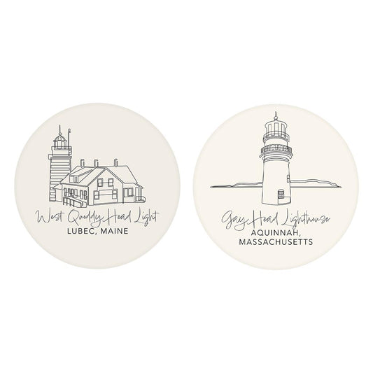 New England Lighthouses Cream Colored | Absorbent Car Coasters | Set of 2 | Min 4