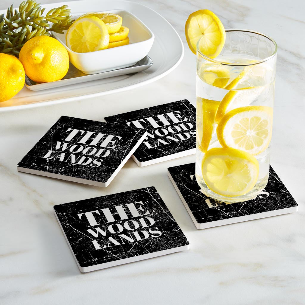 Minimalistic B&W Texas The Woodlands Map | Absorbent Coasters | Set of 4 | Min 2