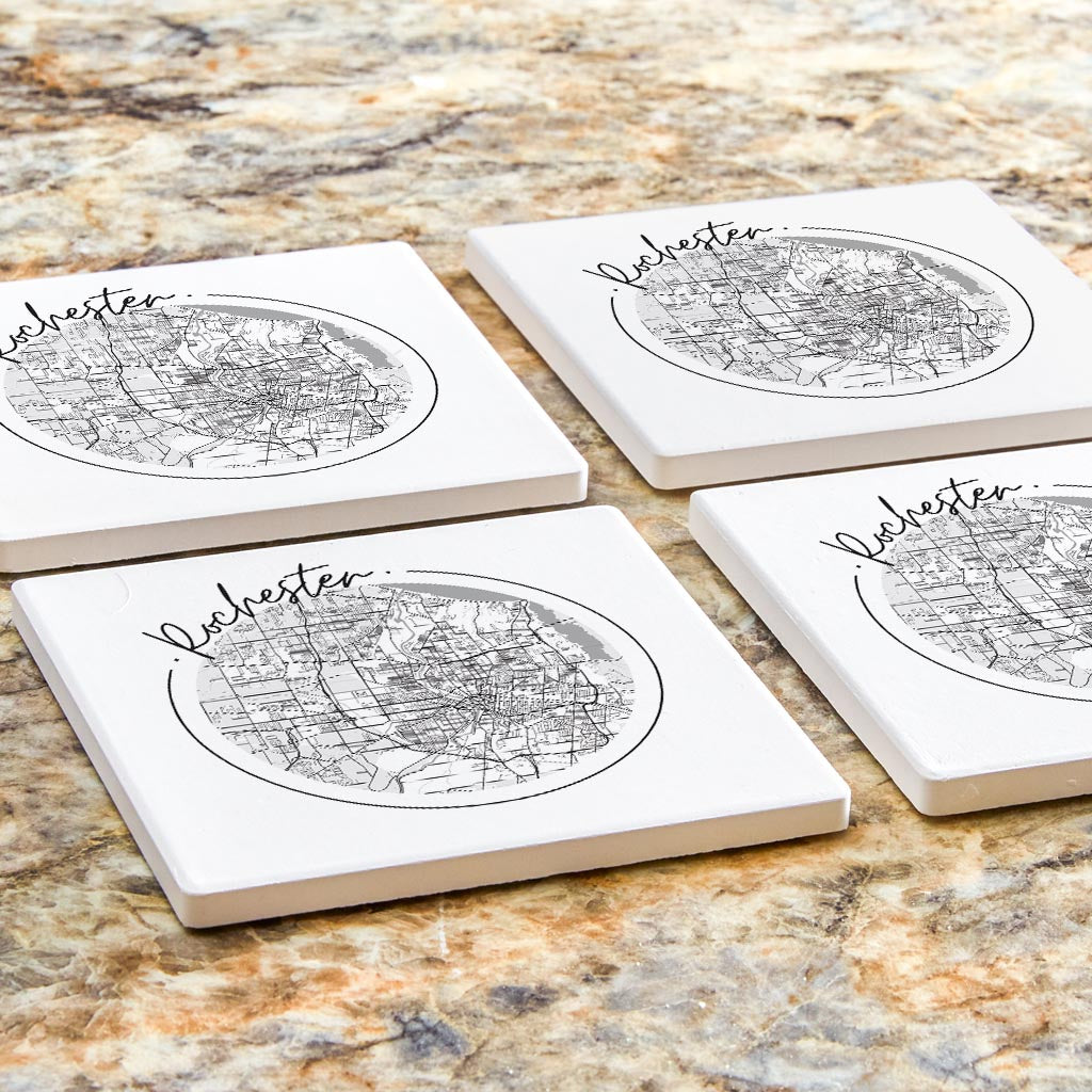 Minimalistic B&W New York Rochester Circle Map | Absorbent Coasters | Set of 4 | Min 2