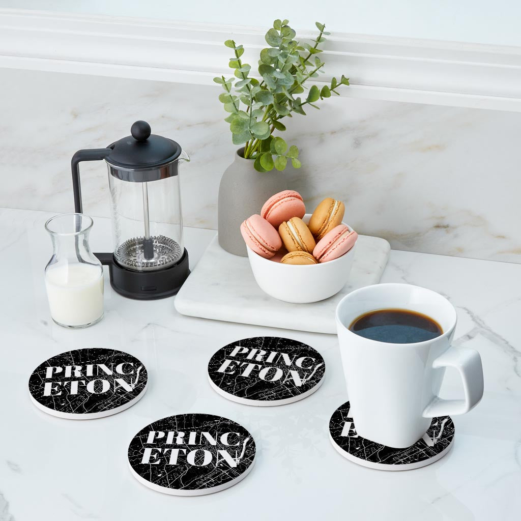 Minimalistic B&W New Jersey Princeton Map | Absorbent Coasters | Set of 4 | Min 2