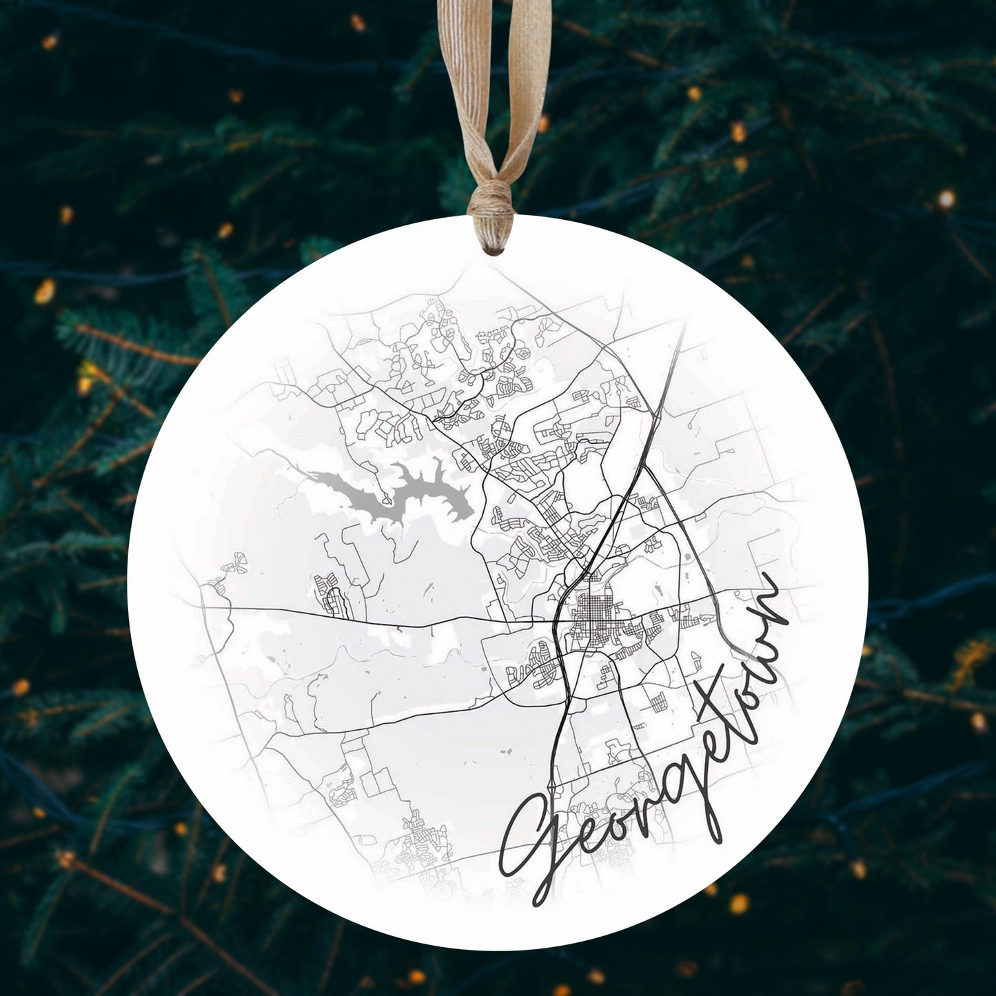 Minimalistic B&W Texas Georgetown Circle Map| Wood Ornament | Eaches | Min 1