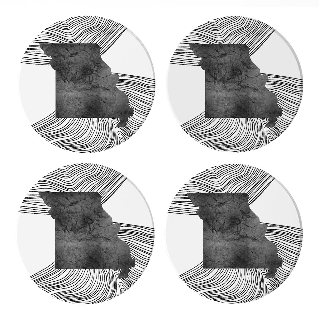 Minimalist B&W Missouri State With Fluid Lines | Absorbent Coasters | Set of 4 | Min 2