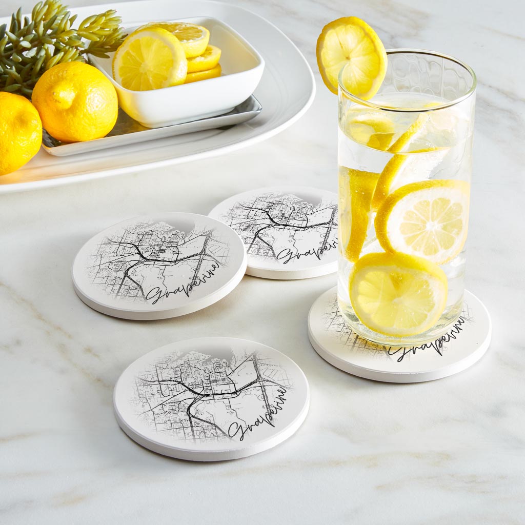 Minimalistic B&W Texas Grapevine Circle Map| Absorbent Coasters | Set of 4 | Min 2