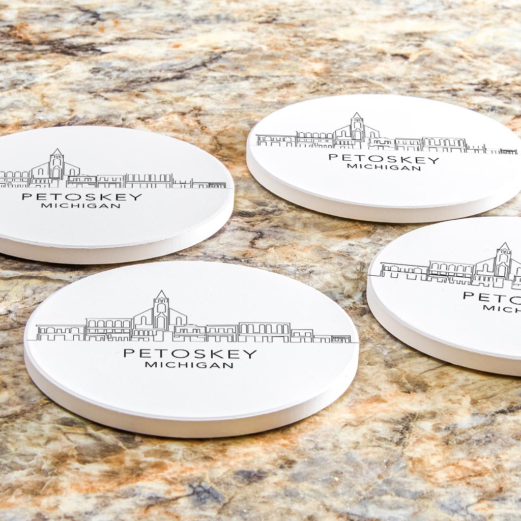 Minimalistic B&W Michigan Petoskey Skyline | Absorbent Coasters | Set of 4 | Min 2