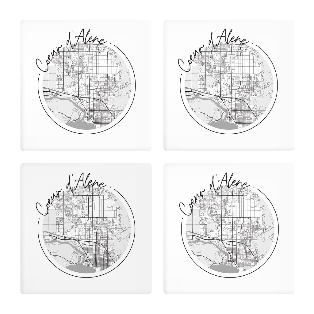 Minimalist B&W Idaho Coeur Dalene Circle Map | Absorbent Coasters | Set of 4 | Min 2