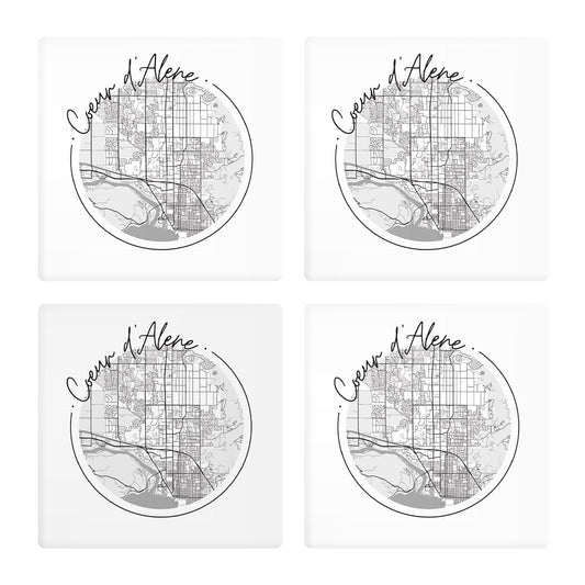 Minimalist B&W Idaho Coeur Dalene Circle Map | Absorbent Coasters | Set of 4 | Min 2