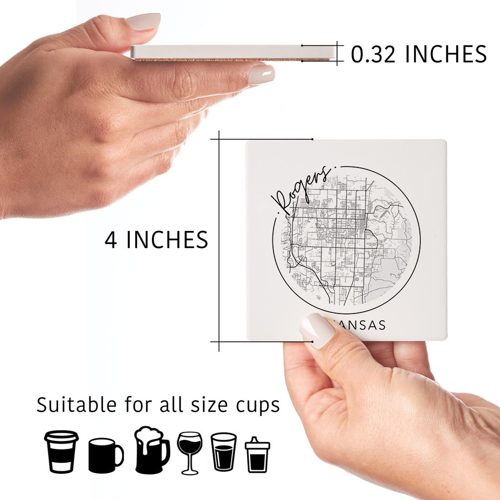 Minimalist B&W Arkansas Rogers Circle Map State | Absorbent Coasters | Set of 4 | Min 2