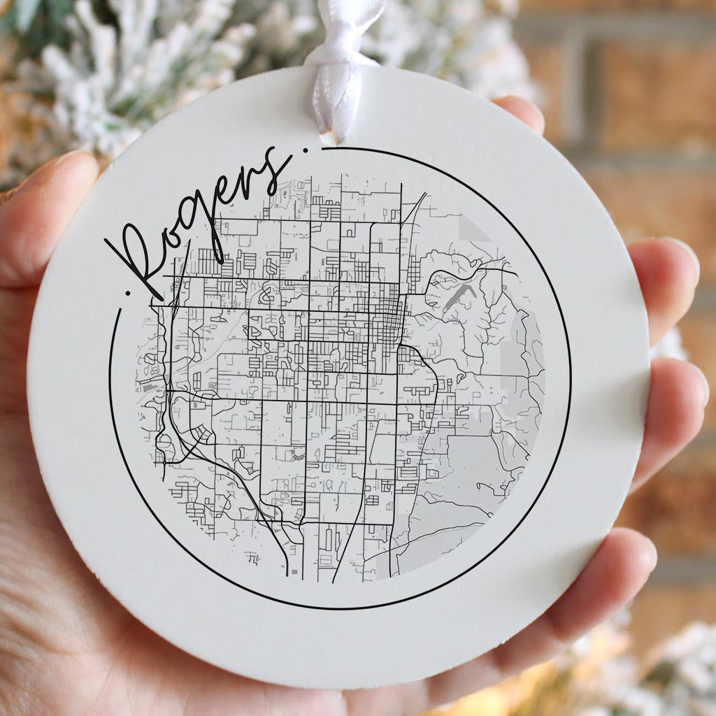 Minimalist B&W Arkansas Rogers Circle Map | Wood Ornament | Eaches | Min 6