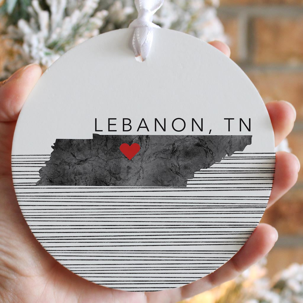 Minimalist B&W Tennessee State Lebanon Heart | Wood Ornament | Eaches | Min 6