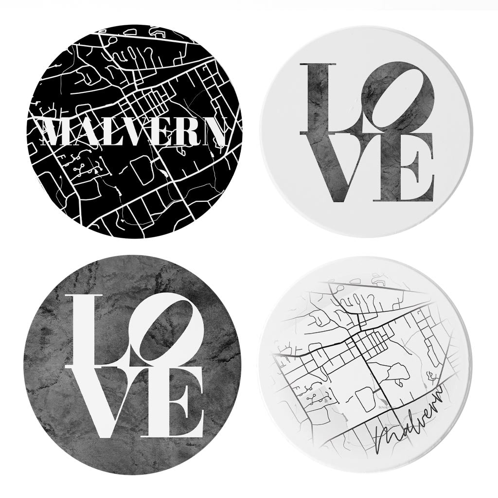 Minimalistic B&W Pennsylvania Malvern Maps Love| Absorbent Coasters | Set of 4 | Min 2