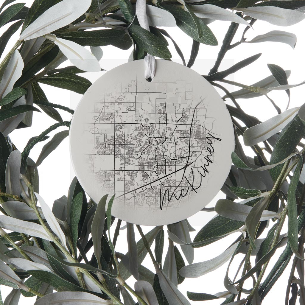 Minimalistic B&W Texas Mckinney Circle Map | Wood Ornament | Eaches | Min 6