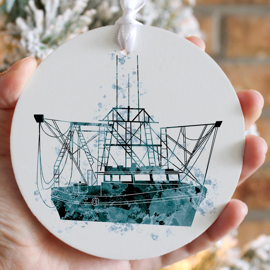 Blue White Water Color Shrimp Boat | Wood Ornament | Eaches | Min 6