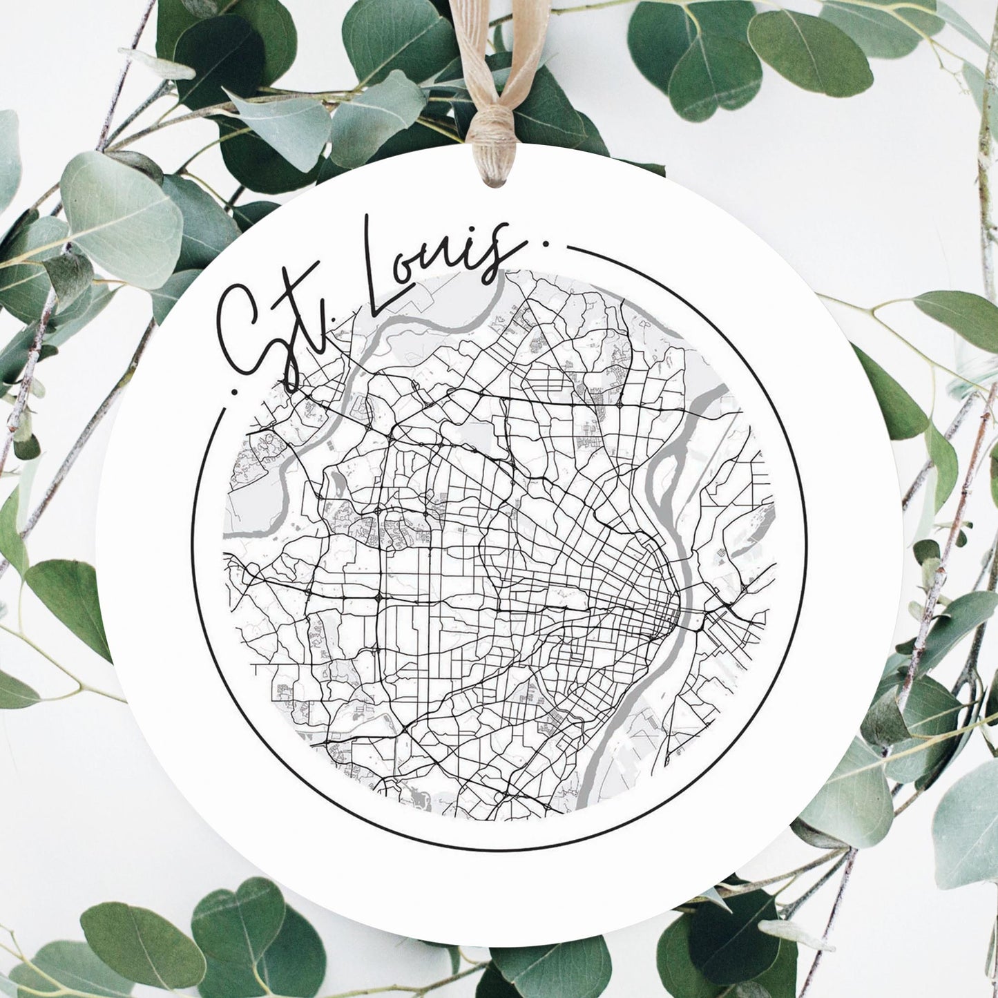 Minimalist B&W Missouri St Louis Circle Map | Wood Ornament | Eaches | Min 1