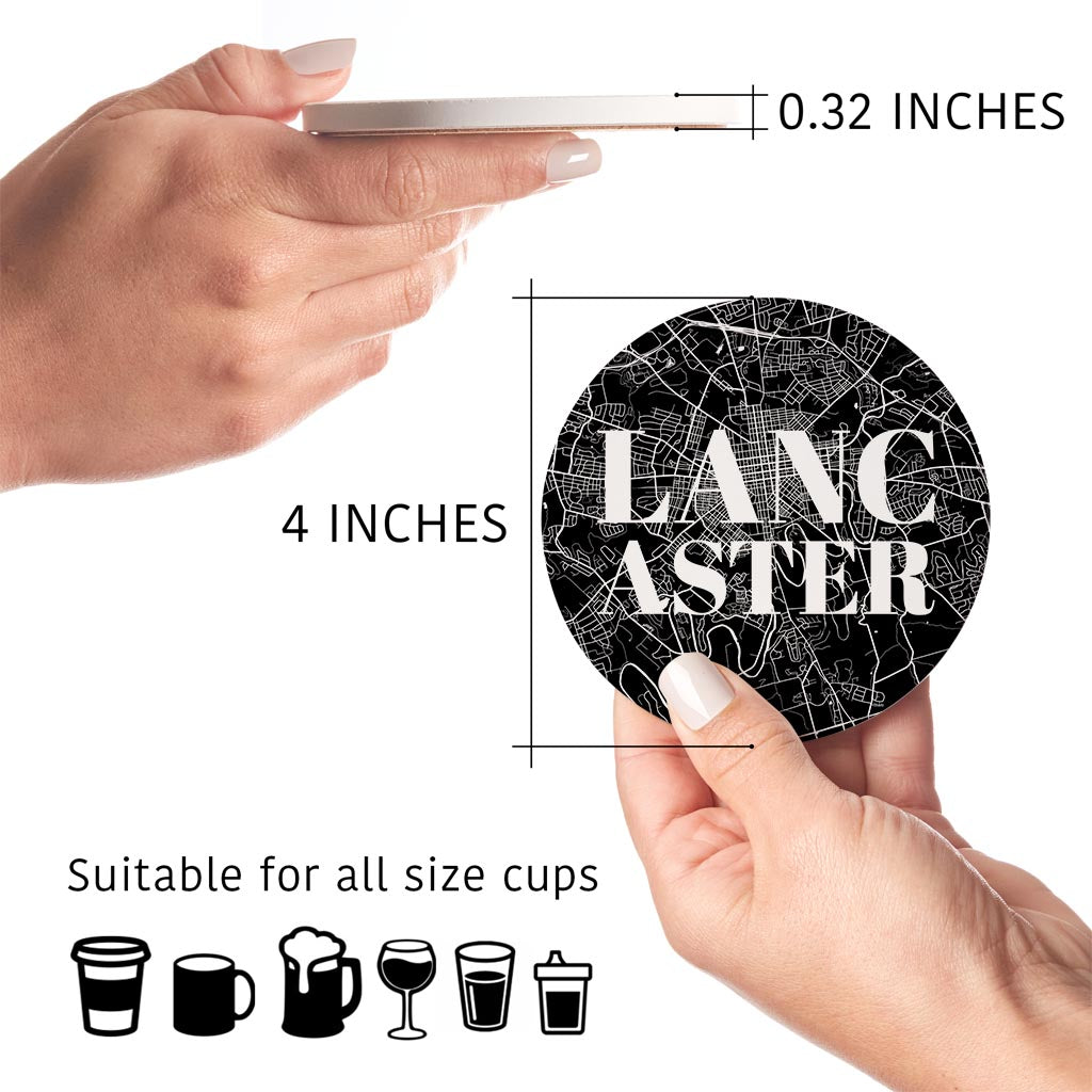 Minimalistic B&W Pennsylvania Lancaster Map | Absorbent Coasters | Set of 4 | Min 2