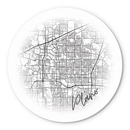 Minimalistic B&W Texas Plano Circle Map | Wood Sign | Eaches | Min 1