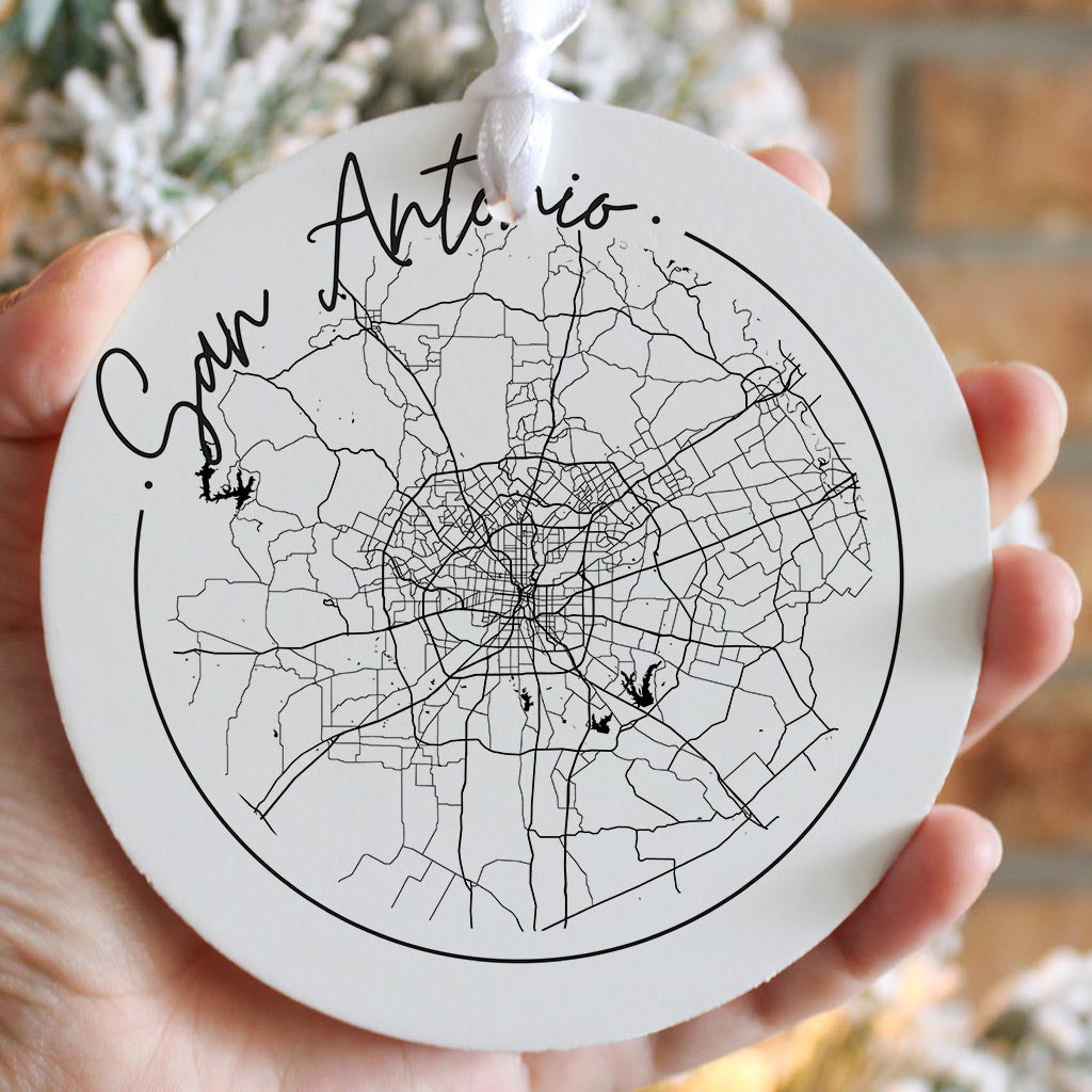 Modern San Antonio Round Map| Wood Ornament | Eaches | Min 6