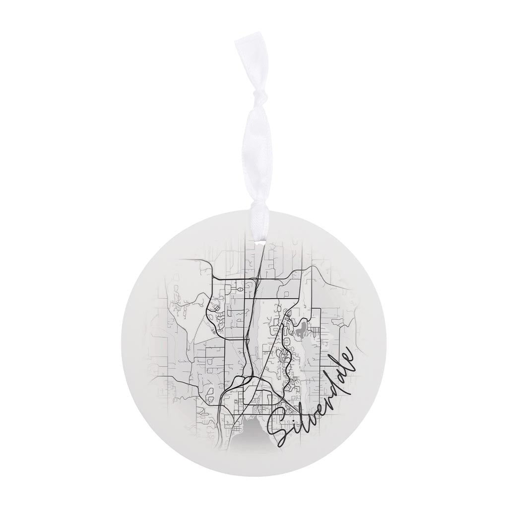 Minimalistic B&W Washington Silverdale Circle Map | Wood Ornament | Eaches | Min 6